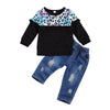 Butterfly Sleeve Leopard and Denim Distressed Set