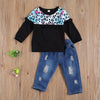 Butterfly Sleeve Leopard and Denim Distressed Set